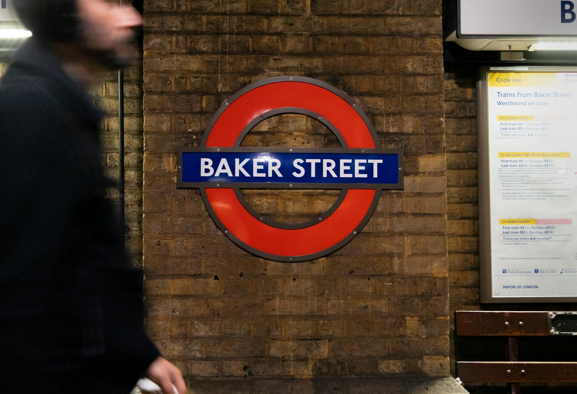 Sign at Baker Street tube station on London's underground system, UK.