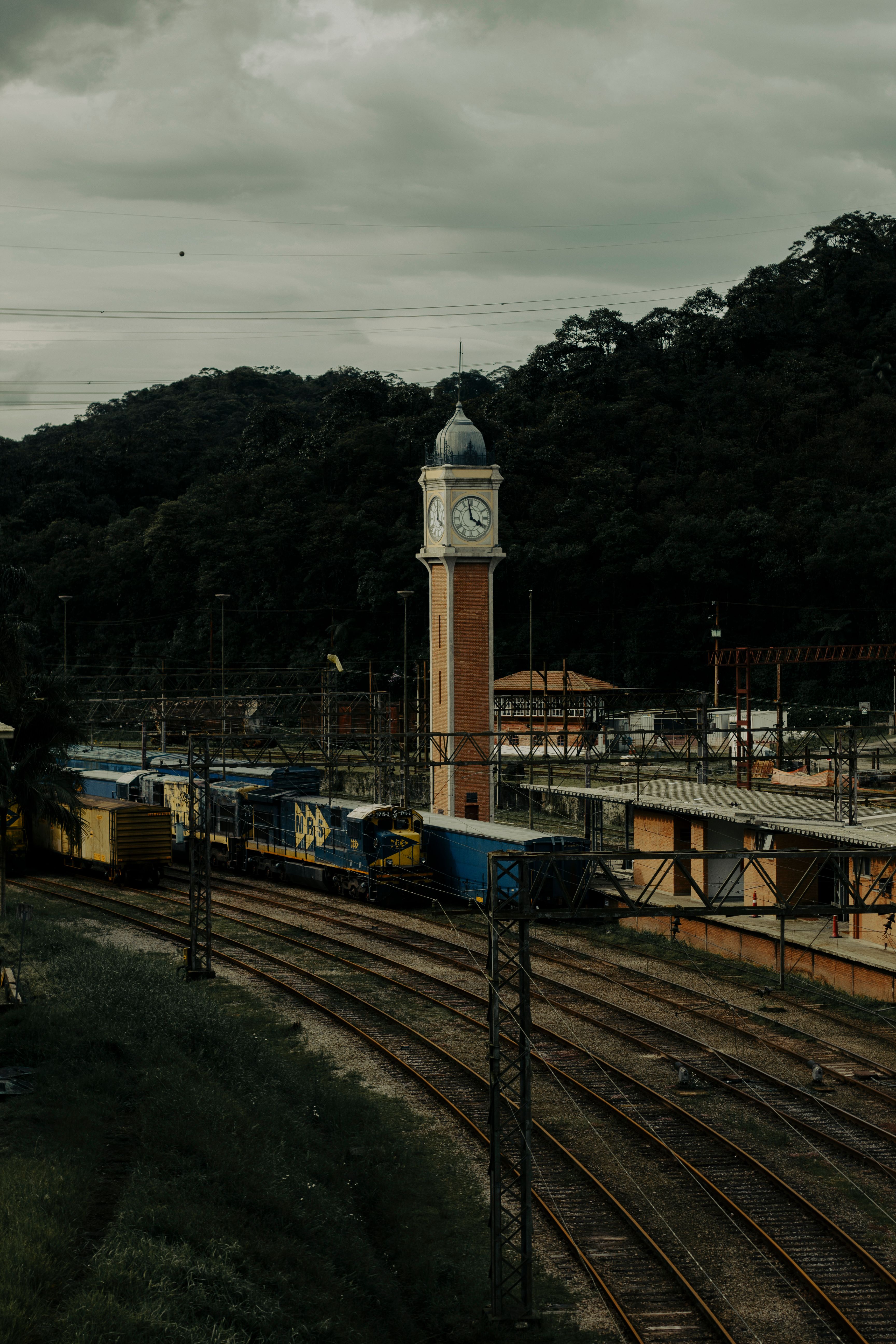 Fotomural Vista dramática de una estación de tren y torre del reloj rodeada de exuberante vegetación en São Paulo, Brasil.