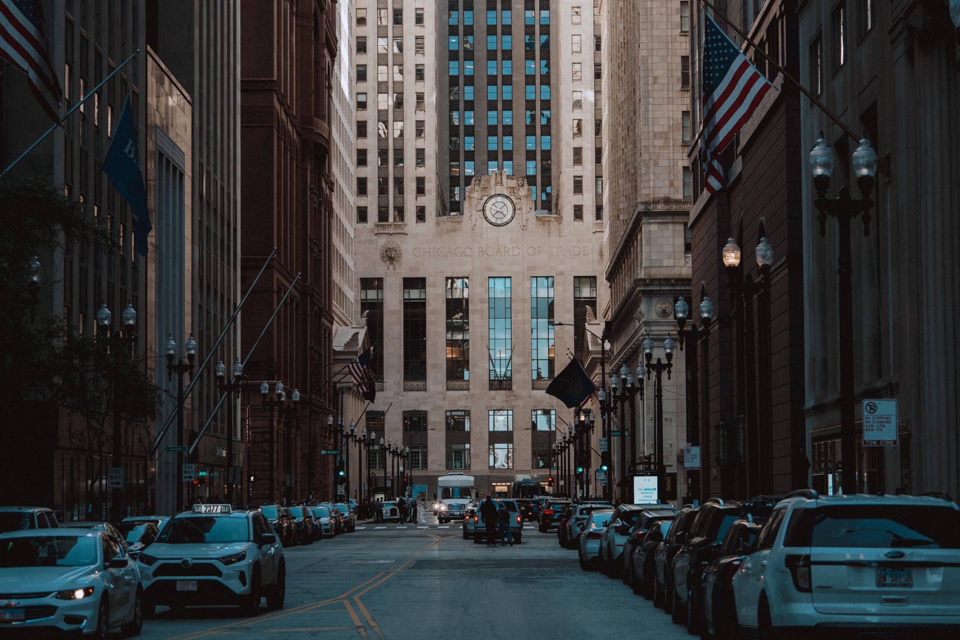 View of the Chicago Board of Trade Building, showcasing urban architecture and city life.