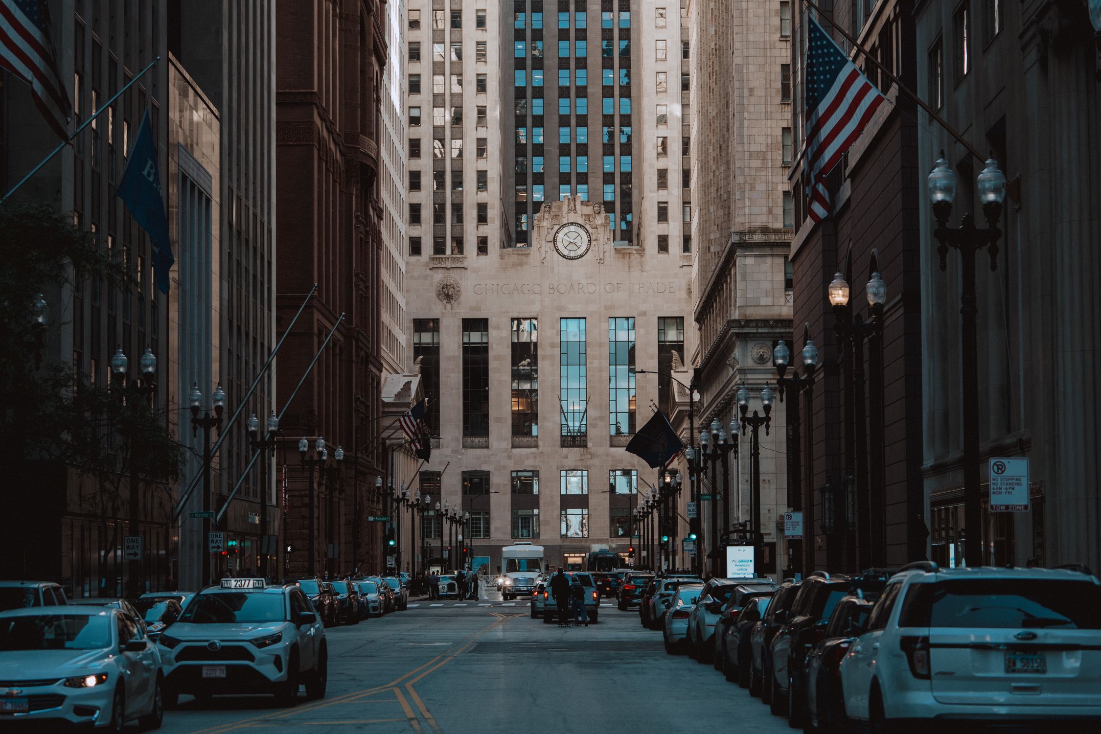View of the Chicago Board of Trade Building, showcasing urban architecture and city life.