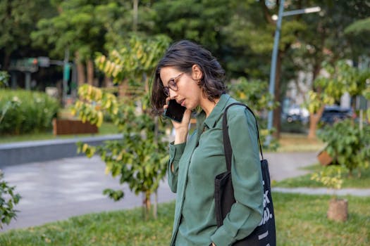 A young woman in green speaks on her smartphone while walking in a park.
