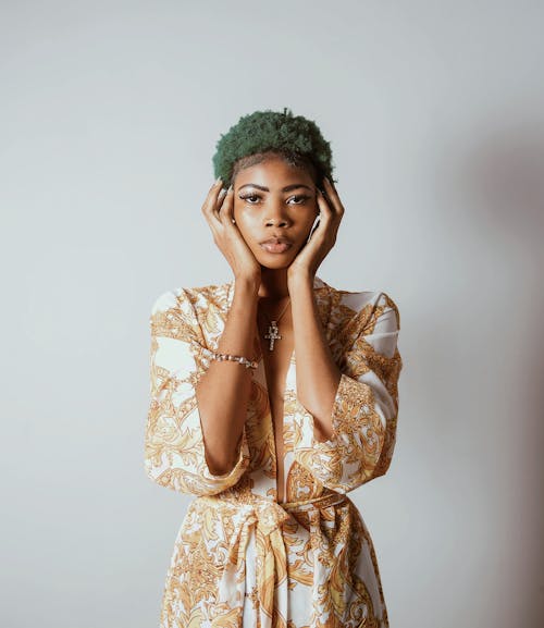 Free Photo of Standing Woman With Green Hair With Both Hands on Face Stock Photo