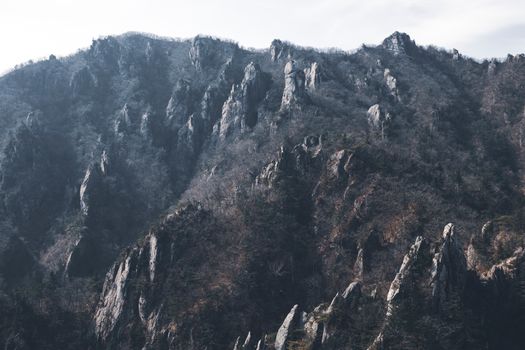 Captivating view of rocky mountain peaks in Yangyang, South Korea, showcasing nature's rugged beauty.
