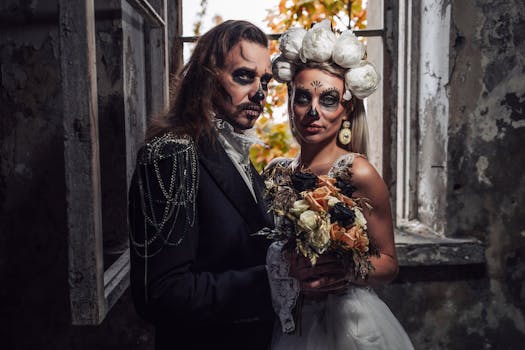 A couple dressed in Halloween attire and makeup resembling sugar skulls, in a dramatic setting.