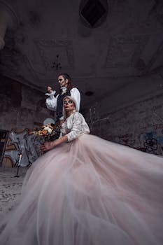 A bride and groom in Halloween costumes pose in an abandoned, graffiti-covered building.