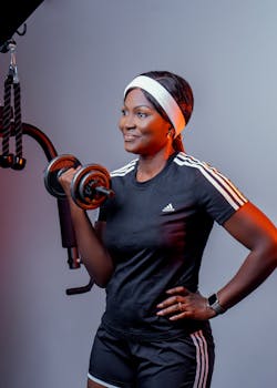 African American woman lifting dumbbell in gym, smiling during workout in sportswear.