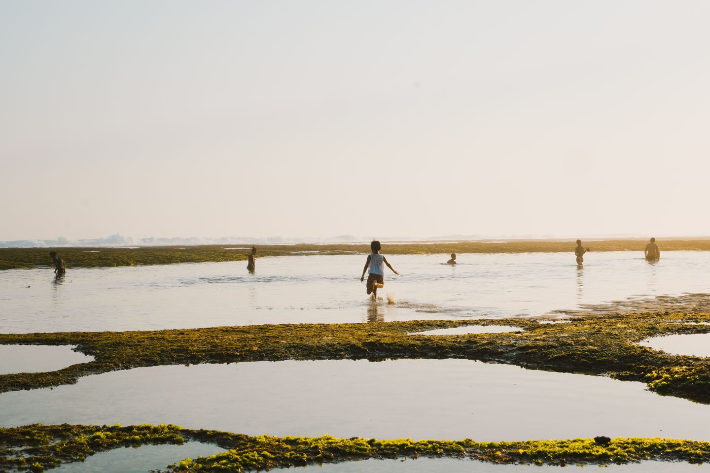Children playing in calm shallow water on a Hawaiian beach