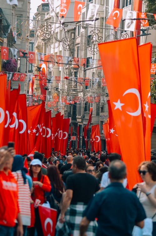 Turkish Flags on a Crowded Street 