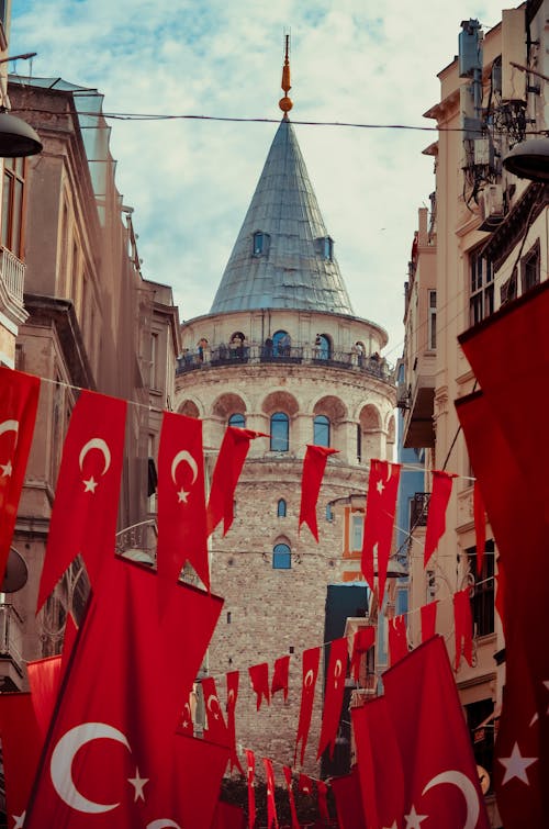 Flags around Galata Tower in Turkey