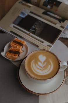 Warm latte with beautiful art, accompanied by macarons, perfect for a comforting moment.