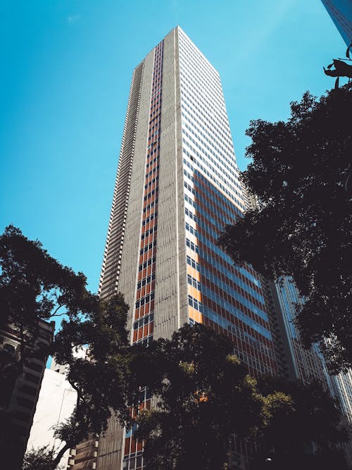 Низкоугольная фотография серого высотного здания