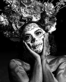 A captivating black and white portrait of a Catrina with fantasy makeup and a floral headdress, celebrating Dia de Muertos.