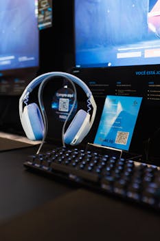 A sleek gaming station featuring a blue headset and illuminated keyboard in front of dual monitors.
