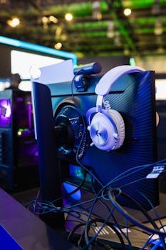 A vertical shot of a gaming workstation featuring a monitor and headphones, ideal for technology themes.