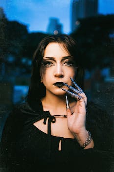 Mystical woman with dark makeup and elaborate nails in São Paulo.