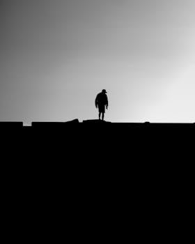 Dramatic black and white silhouette of a lone person standing on a horizon line, evoking solitude.