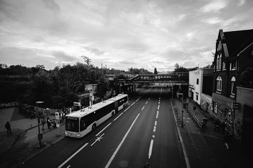 Bus on City Street in Black and White