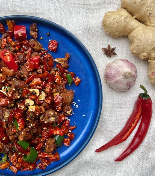 Spicy Dish on a Blue Plate