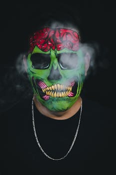 Vibrant green monster face paint with smoke, creating a mysterious Halloween vibe.