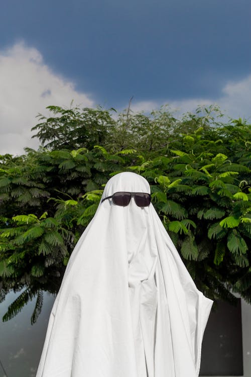 Person Wearing a White Sheet and Sunglasses