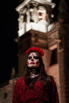Stylized portrait of a woman in Catrina makeup in Santiago de Querétaro at night.