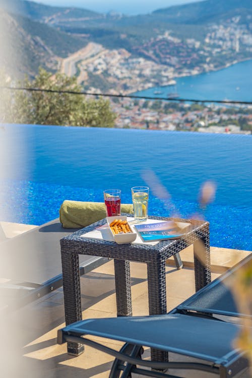 Drinks and a Snack on the Table near a Swimming Pool in a Resort 