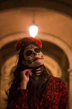 A woman with Día de Muertos makeup standing under an arch, highlighting traditional Mexican culture.