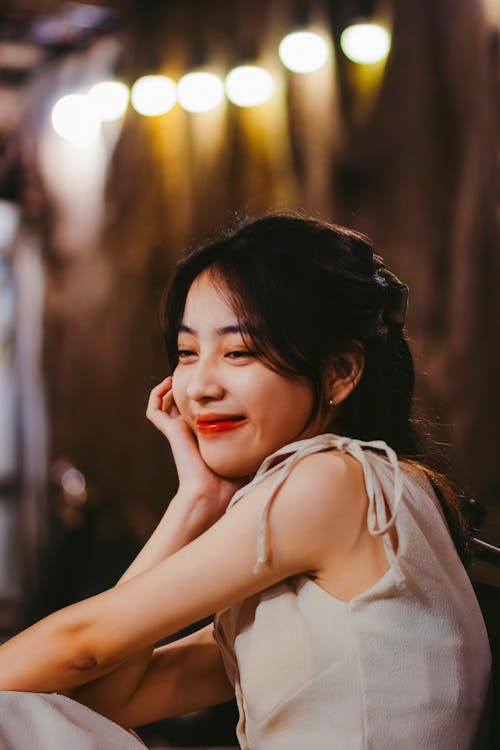 Free Cheerful Brunette Wearing Red Lipstick Stock Photo