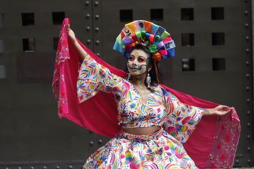 Free A vibrant Day of the Dead dancer showcases traditional Mexican attire with colorful makeup and floral headpiece. Stock Photo