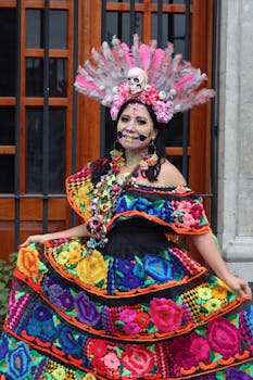Vibrant traditional Mexican attire worn during a Day of the Dead celebration parade.