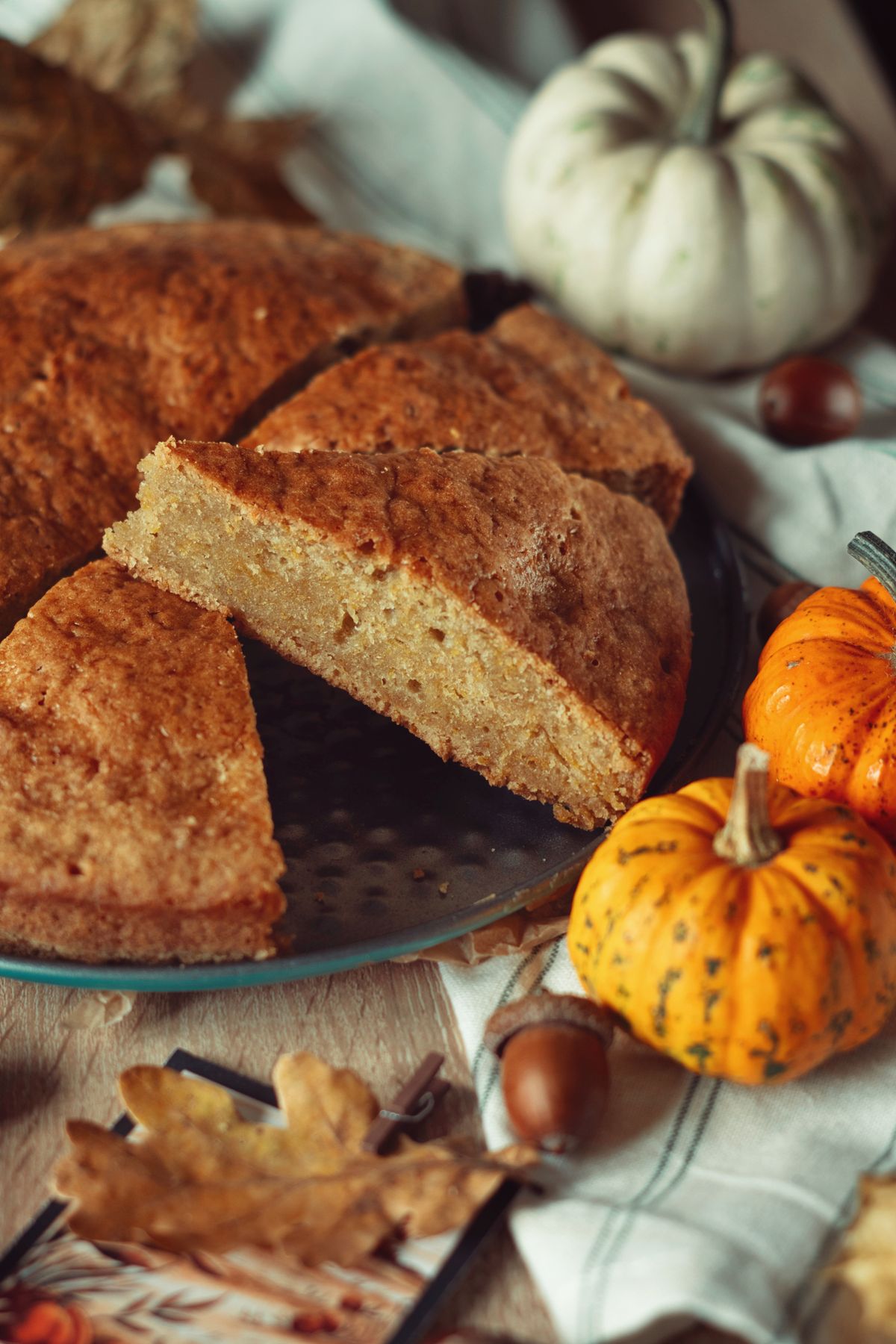Slice of pumpkin bundt cake on a baking tray surrounded by small autumn gourds