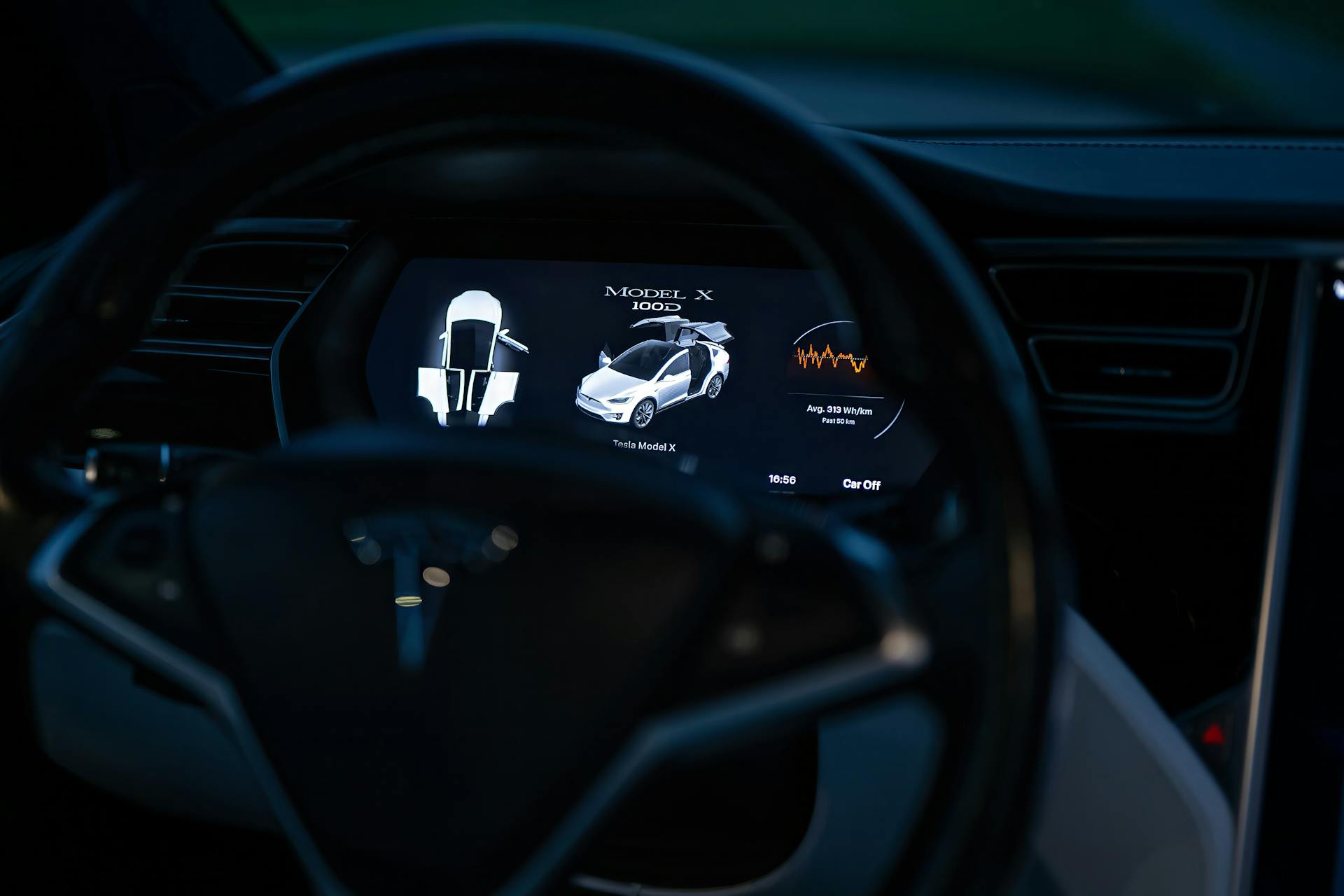 Close-up of the Steering Wheel and the Dashboard in a Tesla Model S