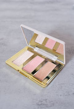 A sophisticated makeup palette with a mirror, featuring pink and neutral shades, on an elegant gray background.