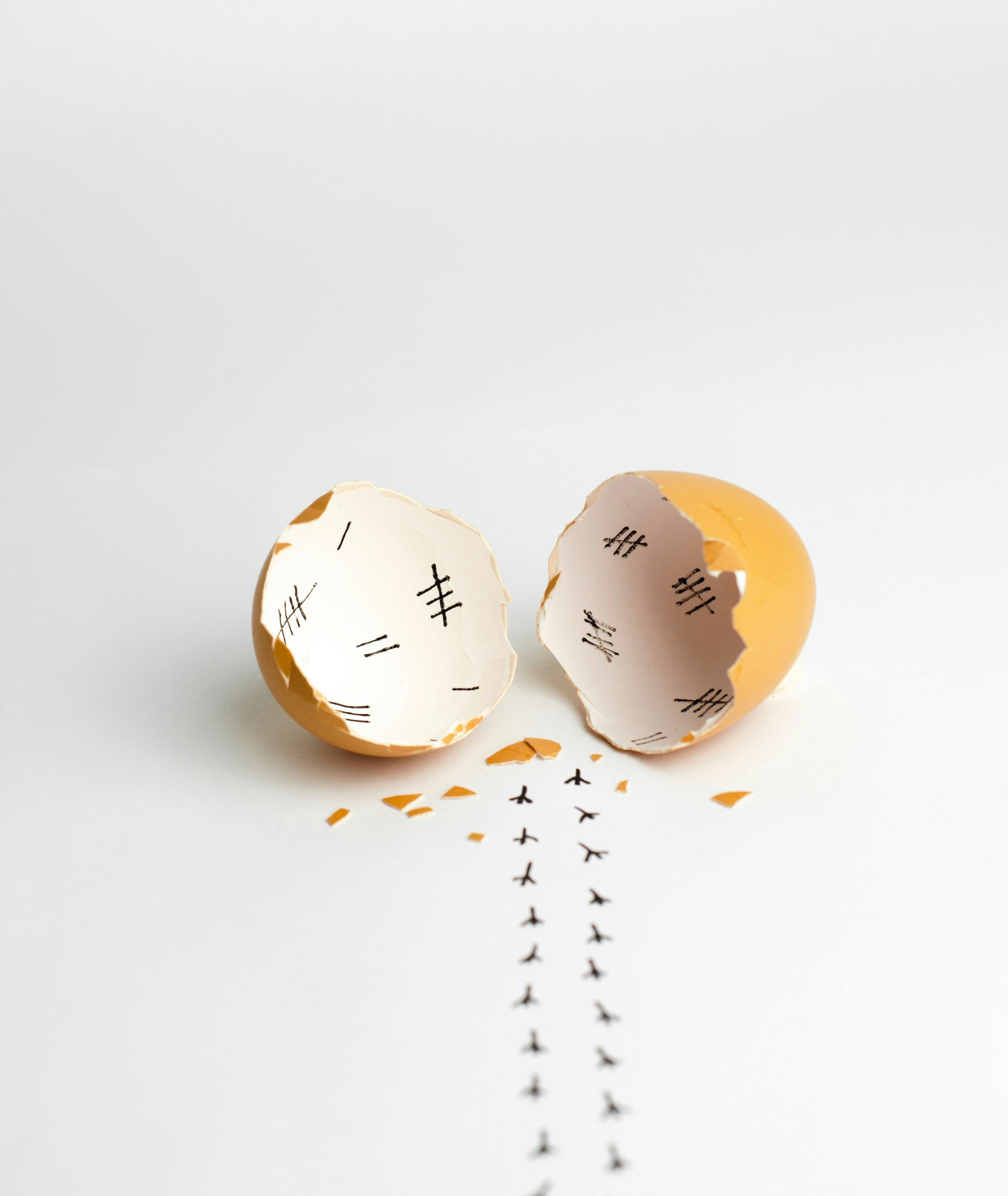 A humorous scene showing a broken eggshell with tally marks inside and footprints leading away, symbolizing escape.