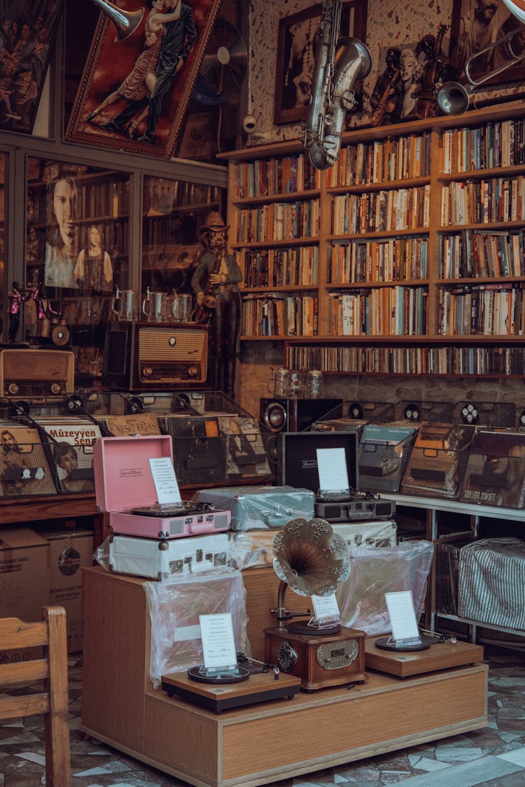 Turntables On Shelves In Museum