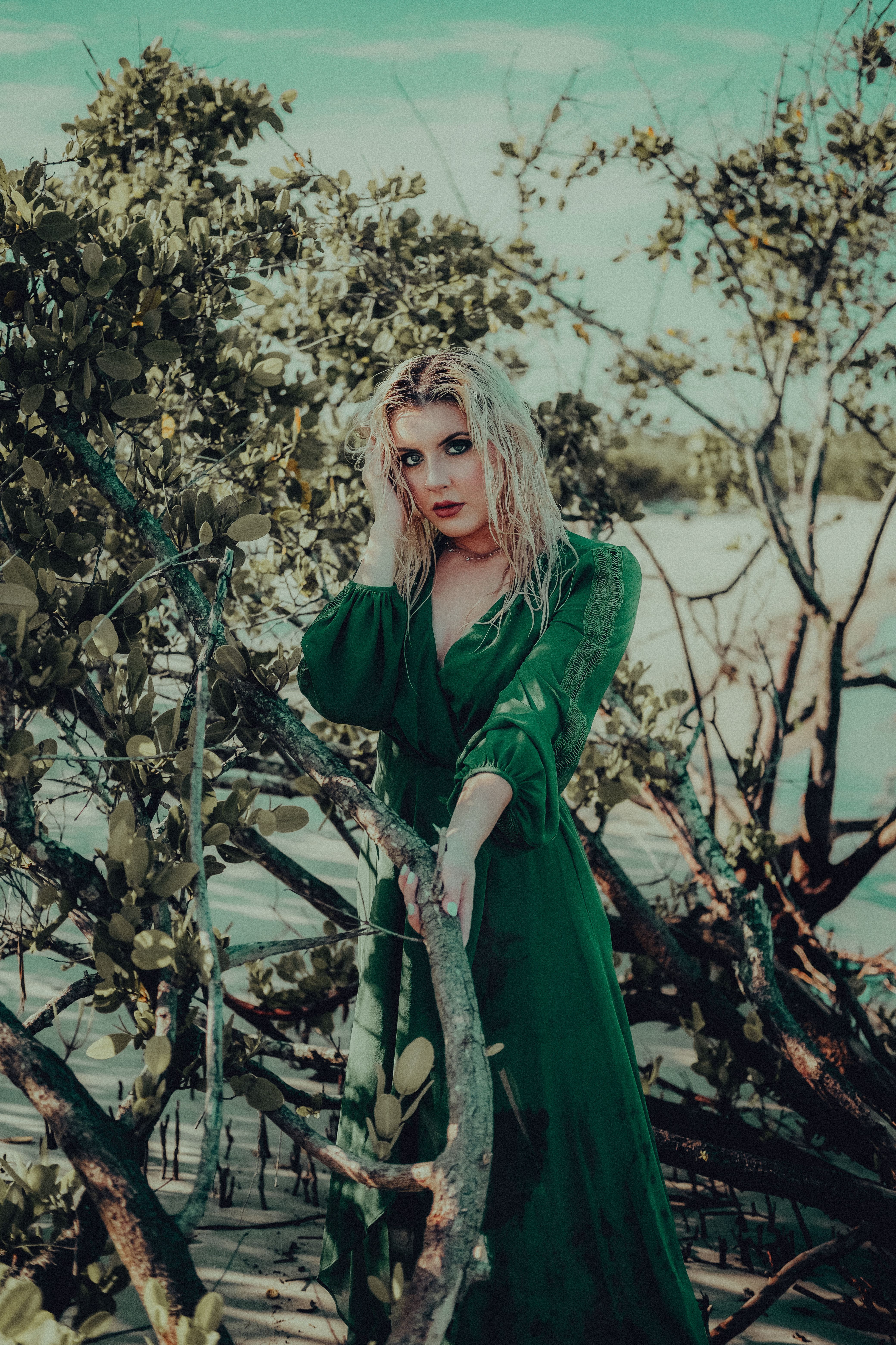 Woman Wearing Green Dress Standing Beside a Plant  Free Stock Photo