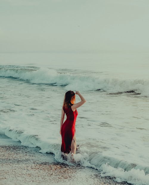 Back View of Woman in Red Dress on Sea Shore