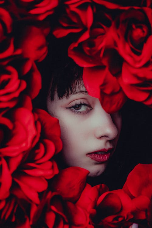 Red Roses around Woman Face