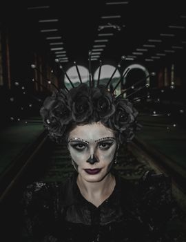Eerie portrait of a woman in gothic attire with face paint and dark roses