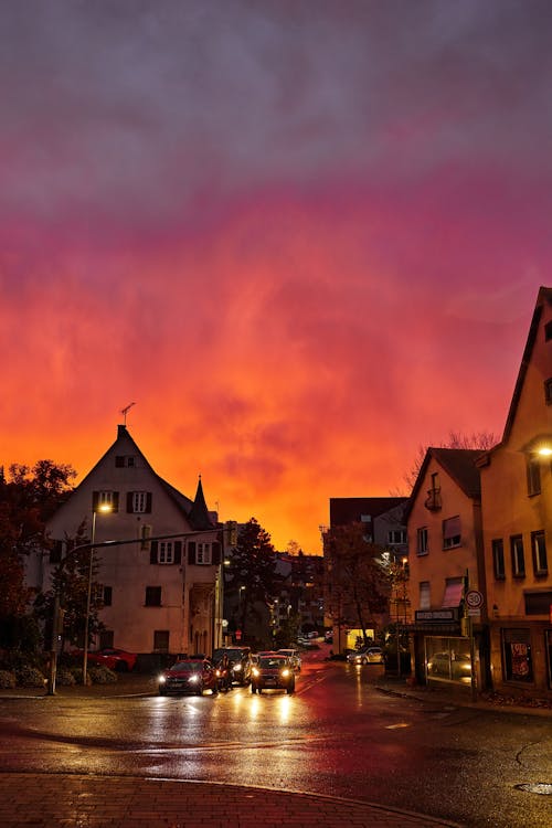 Dramatic Sunset Sky over a Street in City 