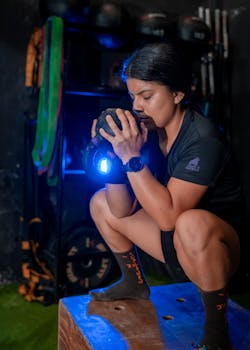 Focused woman squatting with a kettlebell in a gym setting, highlighting strength and fitness.