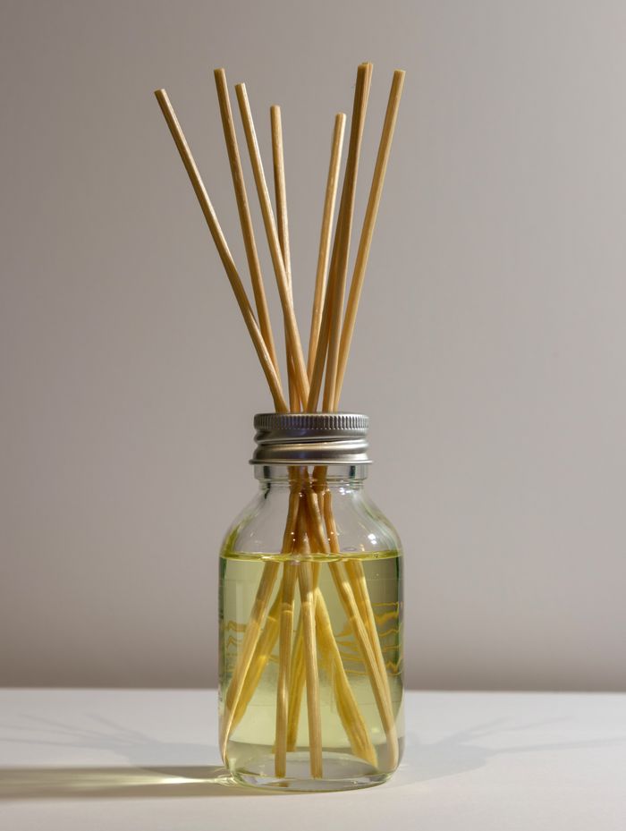 A reed diffuser in a clear glass bottle