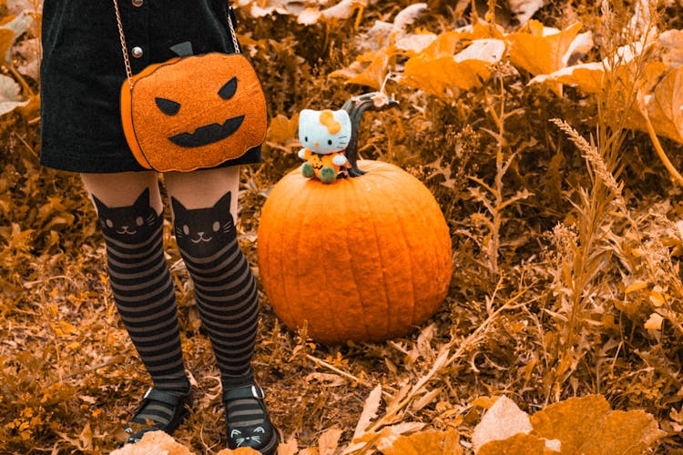 A Kid Standing By A Pumpkin