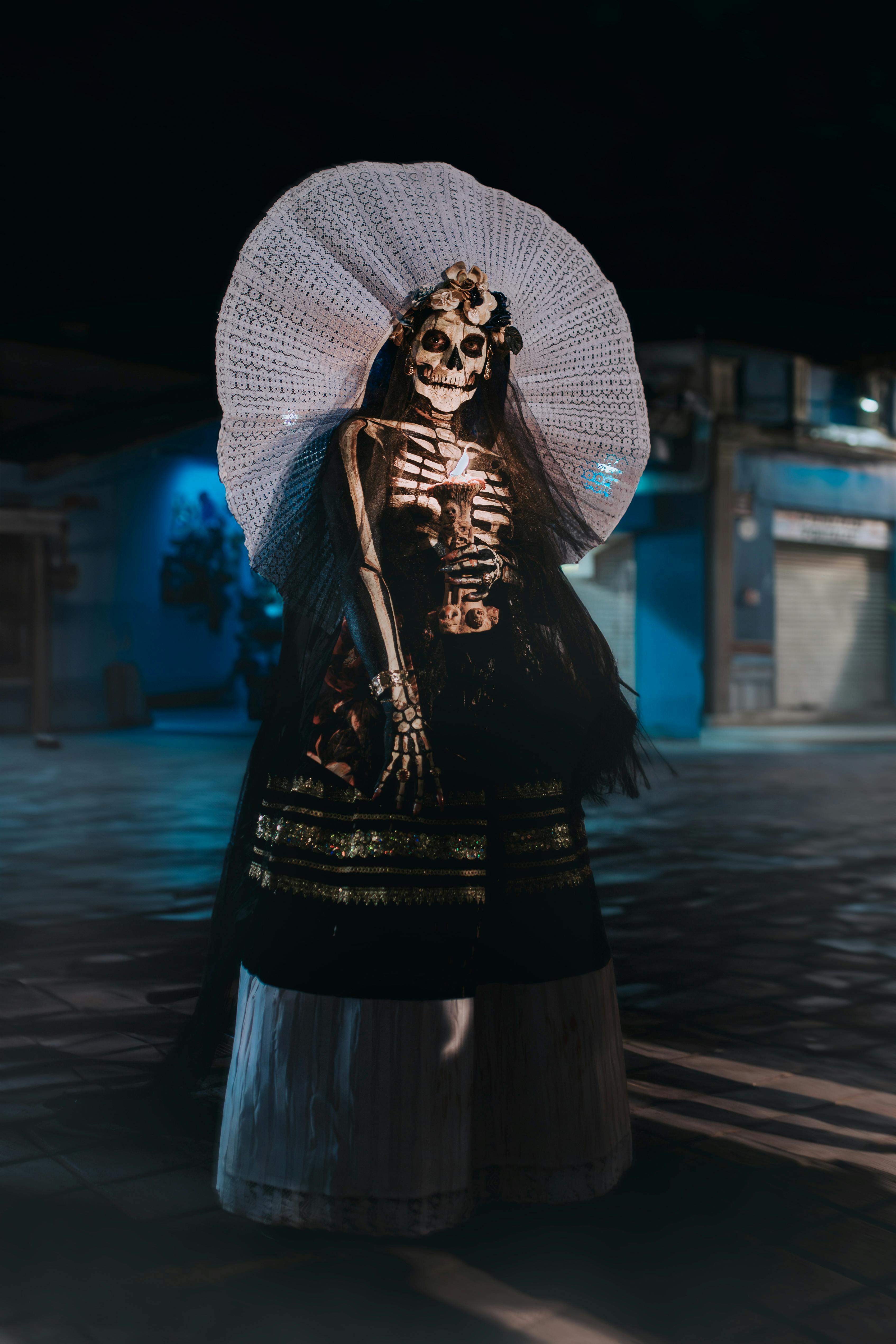 portrait of a woman wearing a spooky costume