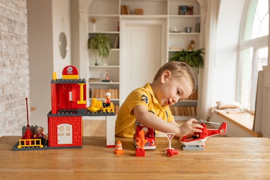 Young boy enjoying creative play with toy blocks at a table inside a cozy room.
