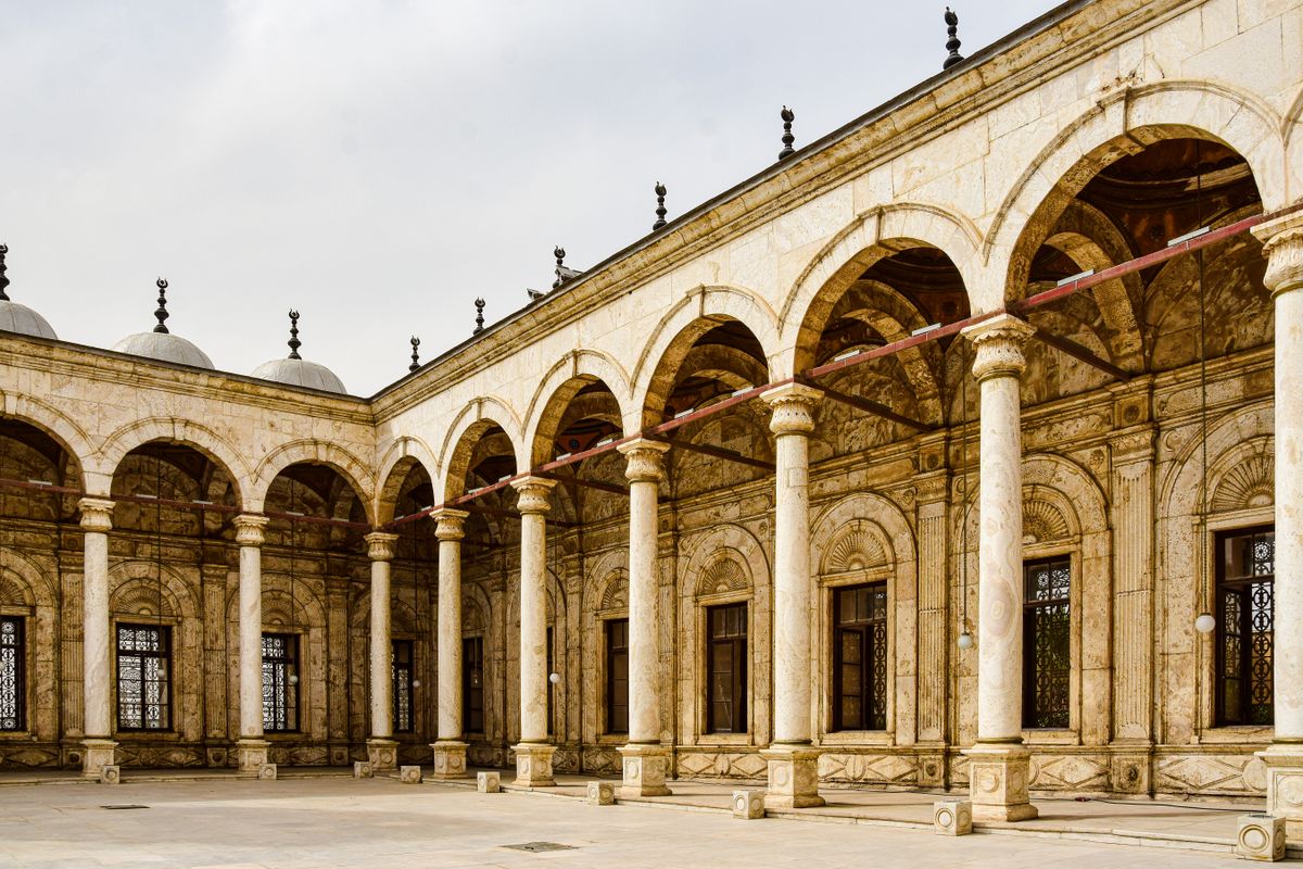 Marble courtyard and colonnaded arches inside the Cairo Citadel complex, Egypt