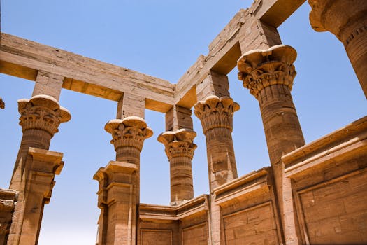 Close-up of Trajan's Kiosk in Philae, showcasing classical Egyptian architecture.