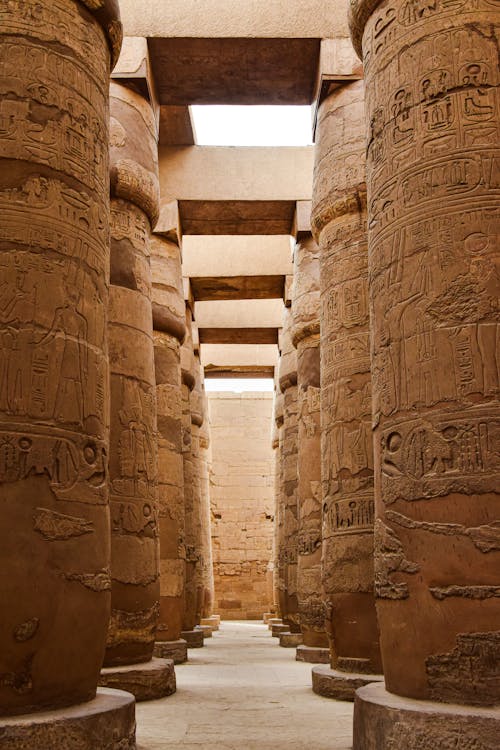 Hieroglyph-covered Sandstone Columns in the Karnak Great Hypostyle Hall