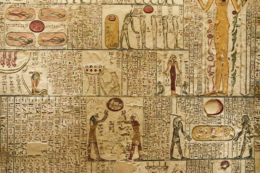Detailed ancient Egyptian hieroglyphics and figures carved on a temple wall.
