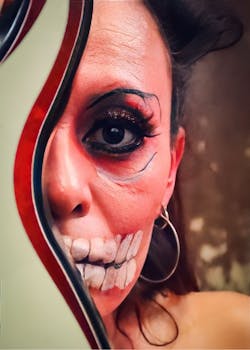 Intriguing Halloween face paint featuring a woman with skeleton makeup peeking from behind a mirror.